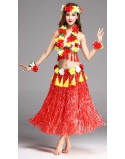 Hula Skørt Hawaii Kostume til Kvinder Rød Sæt 80cm