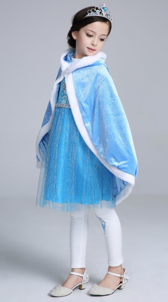 Blå Elsa Frost Børn Kappe Hætte Lang